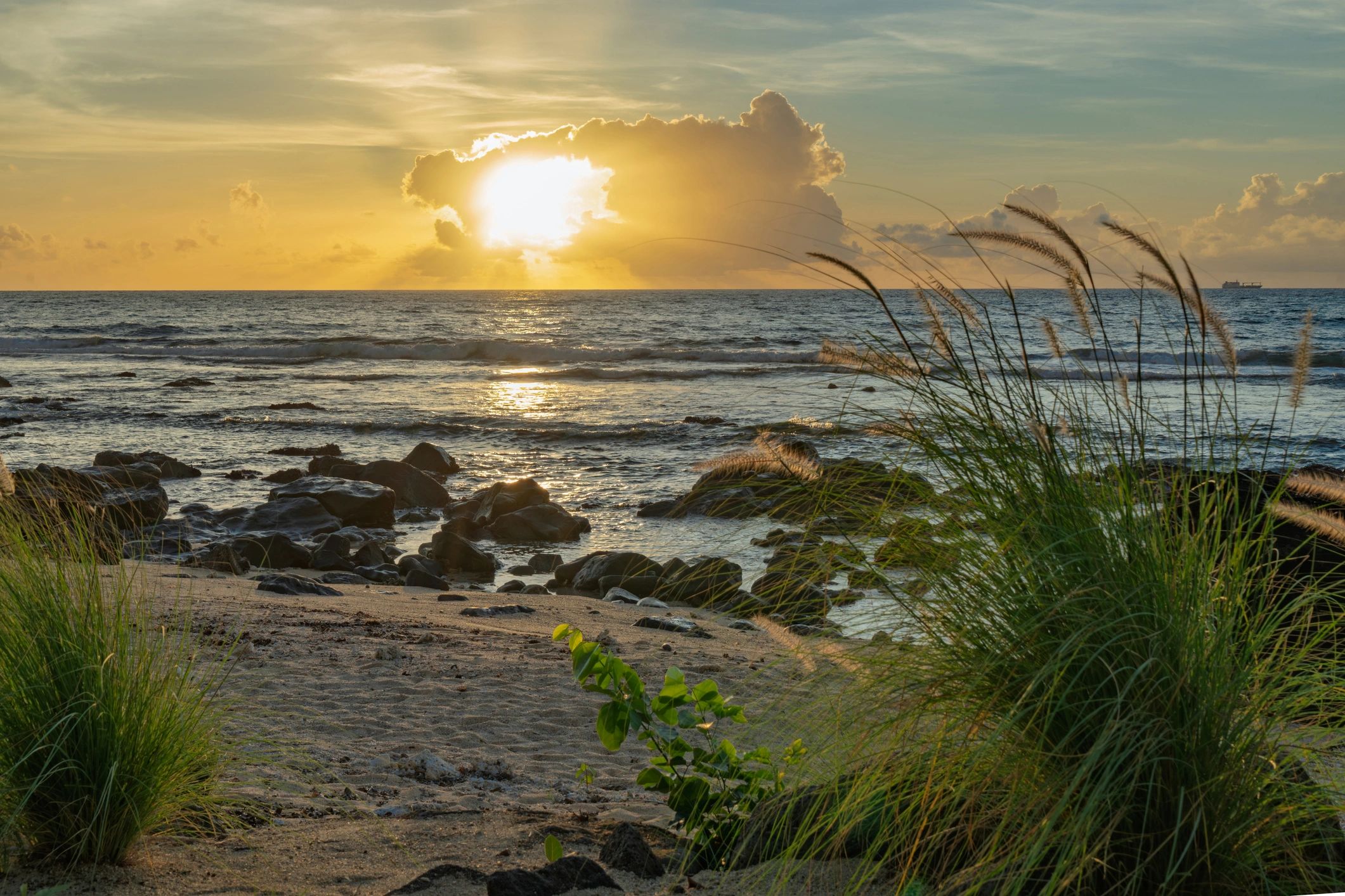 Rocky shoreline at sunset with calm ocean